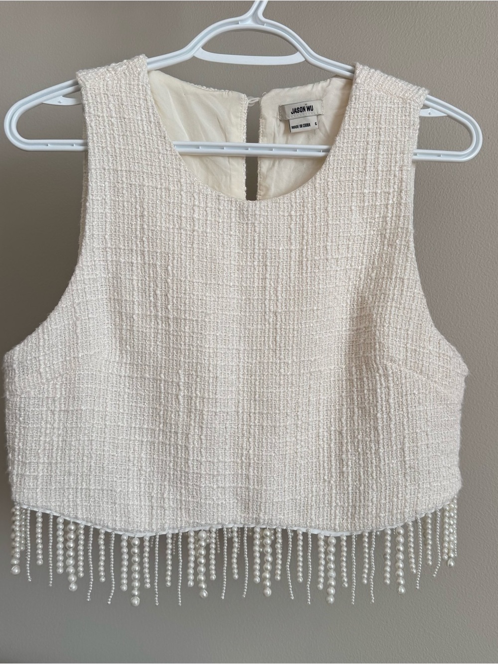 Jason Wu Cream Tweed Crop Top with Pearl Fringe